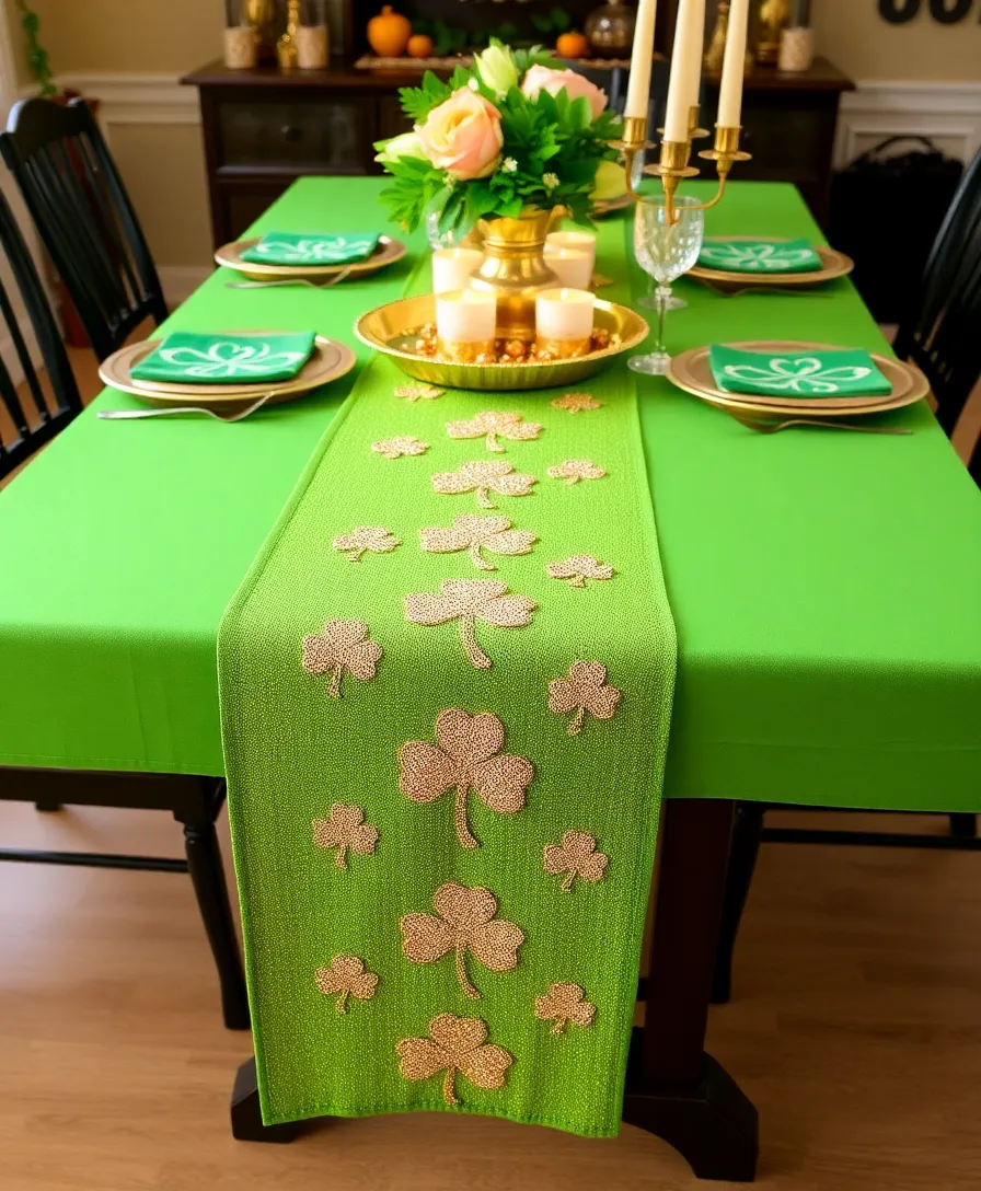 21 Creative St. Patrick's Day Decorations You Can Make at Home (Even Your Kids Will Love #13!) - 8. Glittery Shamrock Table Runner