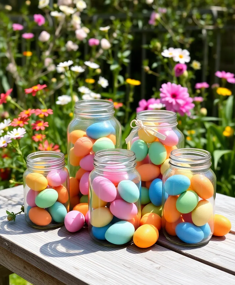 22 Whimsical Outdoor Easter Decorating Ideas to Bring Joy to Your Yard! (Your Neighbors Will Be Jealous!) - 12. Colorful Egg-filled Jars