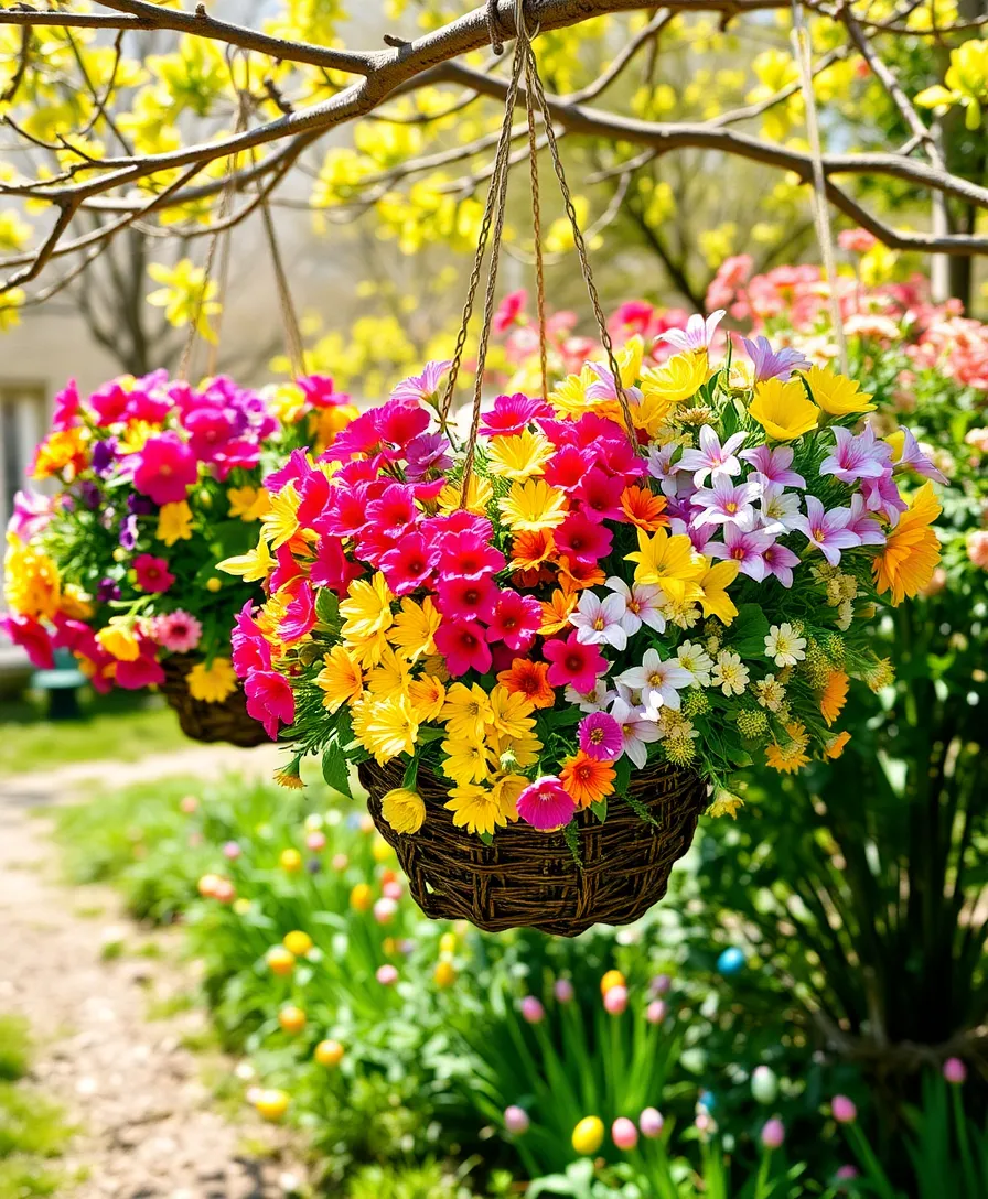 22 Whimsical Outdoor Easter Decorating Ideas to Bring Joy to Your Yard! (Your Neighbors Will Be Jealous!) - 6. Hanging Flower Baskets