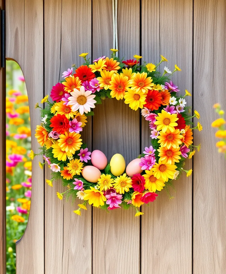 22 Whimsical Outdoor Easter Decorating Ideas to Bring Joy to Your Yard! (Your Neighbors Will Be Jealous!) - 4. Floral Wreath with Eggs