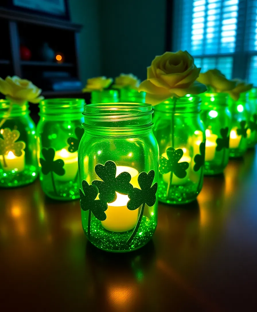 21 Creative St. Patrick's Day Decorations You Can Make at Home (Even Your Kids Will Love #13!) - 19. Glitter Shamrock Mason Jars