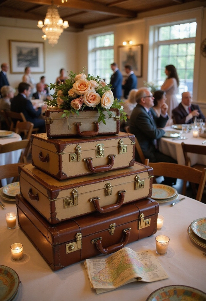18 Unique Wedding Reception Decorations That Will Leave Everyone Talking (Check Out #7!) - 6. Vintage Suitcases and Travel Themes